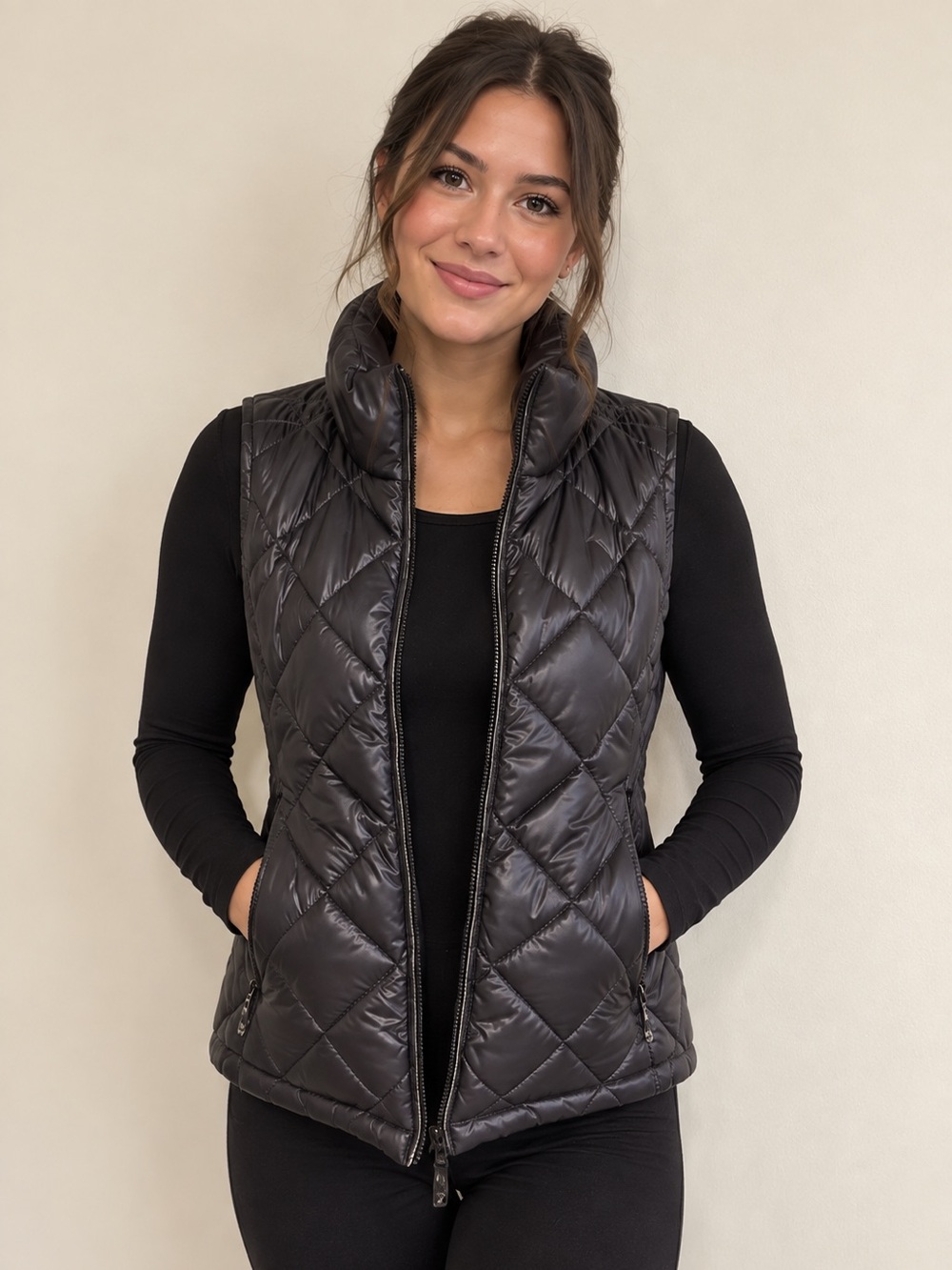 Dolcezza Montreal Glossy Quilted Puffer Vest Gilet Black